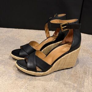 Vionic Marina Black Leather Wedge Sandals with Ankle Strap size 9 NWOT